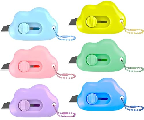 Muclip Cloud Shaped Retractable Box Cutter Set - 6 Pack with Key Rings,Stainless Steel Blade,Safe & Portable Letter Opener for Envelopes,Package,Mail,DIY,Paper Cutter for Home,Office,Outdoor (6 Color)