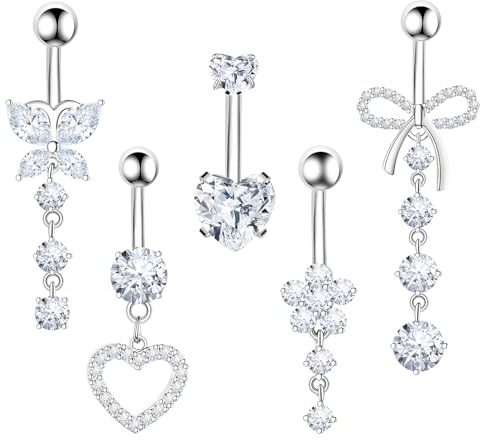 YAWYO 5 Pcs Piercing Nombril Acier Inoxydable, Percing au Nombril Avec Cœurs Nœuds Fleursen Forme de Cœur Pour Femmes et Filles (Blanc)