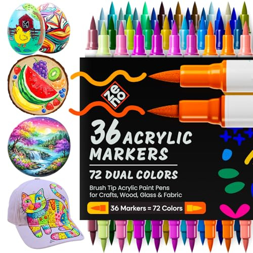 ZENO Rotuladores Acrílicos 72 Colores – Set de 36 Marcadores Dual Color, Rotuladores Acrílicos para Piedra, Madera, Cristal, Tela, Papel, Cerámica, DIY, Manualidades y Lettering