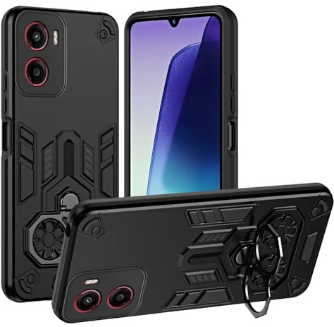 BORYA Funda para Motorola Moto E15/Moto G05, Antigolpes Doble Capa PC+TPU Silicona Carcasa, Anticaída Sencillo Estuche. Rotación de 360° Metal Doble Anillo Soporte Caso. Negro