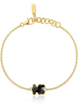 TOUS Pulsera Cadena para Mujer con Baño de Oro 18 Kt sobre Plata de Primera Ley y Motivo Oso en Ónix, Colección Icon Color