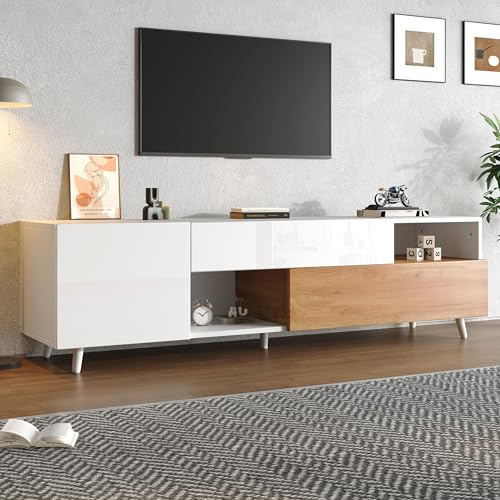 Merax TV Schrank, Hochglanz-TV-Lowboard, Moderner Fernsehtisch mit 2 Türen, 1 Schublade, Offene Regale, TV Ständer für Fernseher bis zu 75 Zoll, für Esszimmer, Wohnzimmer, 180cm, Weiß & Holzfarbe