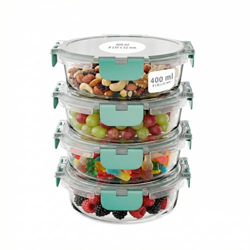 Amig - Set de 4 Recipientes redondos Herméticos para Alimentos - Capacidad: 400 ml - 130 x 130 x 52 mm - Contenedor de Cristal para Microondas, Horno, Congelador y Lavavajillas - Color verde