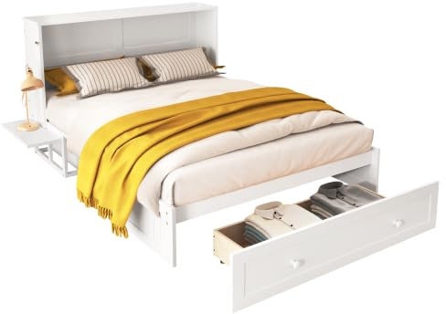 Queen Size Double Murphy Bed White Wall Bed with Foldable Shelves & Storage DrawerSpaceSaving Furniture for Small Apartments & Guest Rooms