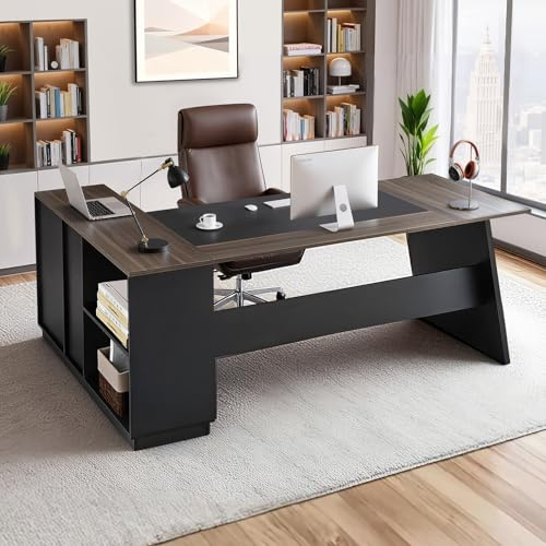 VEVOR Escritorio Ejecutivo en Forma de L, Escritorio Moderno con Cajones y Armario, Robusto, Soporta hasta 158,7 kg, Tablero de Partículas, para Trabajar, Estudiar o Escribir, Color Marrón Negro