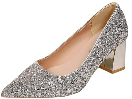 Robe élégante à paillettes avec talon épais pour des soirées élégantes - Chaussures avec paillettes scintillantes - Talons confortables, argenté, 37 EU
