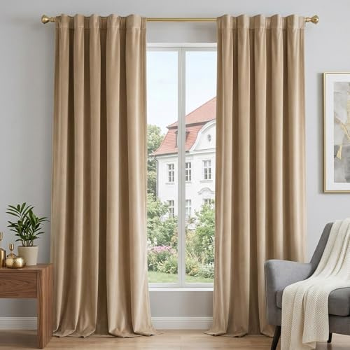 2er Set Samtvorhang mit Kräuselband, 3 Montage Verdunkelungsvorhang, Wohnzimmer Blackout Curtains, Thermovorhang, Schalldämmend & Kälteschutz für Schlafzimmer Wohnzimmer, B132 x H304cm, Bernstein