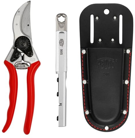 FELCO 2 Profi-Gartenschere Bypass 25 mm für Rechtshänder mit Lederholster 910 Black und Multifunktions-Schärfer 905 für langlebige Leistung und einfache Pflege