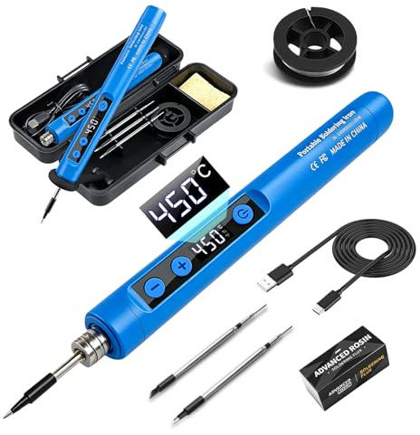 Flintronic Soldador Estaño, Kit de Soldador Inalámbrico, Kit de Soldador Recargable USB con LCD, Temperatura Ajustable 180 °C a 450 °C, 3 Puntos de Soldadura, Pasta y Alambre de Soldadura, Reparación