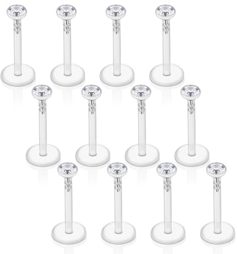 Gojewen 12er Plastik Lippenpiercing 1,2mm Flexibeler Kunststoff Labret Stecker 6-10mm mit Kristall Bioflex Piercing Lippe