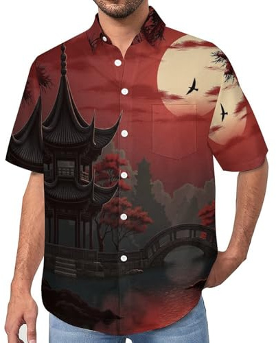 MULERN Chemise Décontractée à Manches Courtes pour Homme avec Imprimé Pavillons Pleine Lune Ponts Architecture Traditionnelle, Mode Bouton vers Le Bas Lapel Blouses pour des Tenues de Printemps
