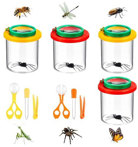 Becherlupen Set, Becher Insekten Beobachtungsbox, Lupenglas Insektenbetrachter mit Pinzetten & Fängern, Insektenglas Mit Lupe Kinder Für Outdoor Wissenschaft Natur Erkundung