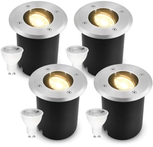 SSC-LUXon JUAVI Bodenstrahler 4er Set silber rund IP67 GU10 2W warmweiß | Vier befahrbare Bodenstrahler bis 2000kg - schwenkbar, warmweiß, für Wege, Beete & Treppe, Milch- & Klarglas, IP67, inkl. LED