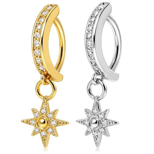 Yutissi 2 Pièces Anneau Nombril Set, Piercing Nombril, Pendentif Étoile à 8 Branches, Argent/Or, Piercing Nombril Anneau CZ, Fermoir Incurvé, Clicker Piercings au Nombril Bijoux