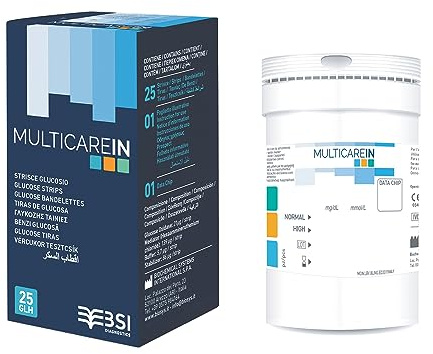 Multicare IN - Glykämische Biosensor-Teststreifen, mit 1 Chip, 25 Stück, für eine sichere und zuverlässige Blutzuckermessung, 24156
