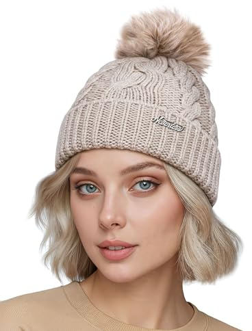 Neverless® Damen Bommelmütze mit Fleecefutter Pudelmütze Strickbeanie Strickmütze Wintermütze