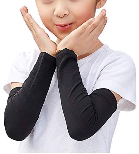 YONKOUNY Arm Sleeves UV-Schutz UPF 50+ Kinder Atmungsaktiv Armstulpen Sonnenschutz Sport Elastische Ärmlinge für Alter 5-12(Schwarz)