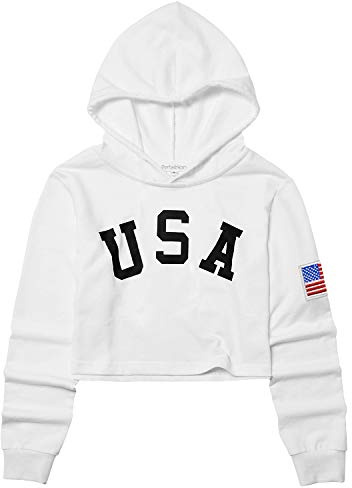 Barn flickor läder rutig långärmad magtröja huvtröja beskurna tröjor, USA flagga vit, 10-11 år