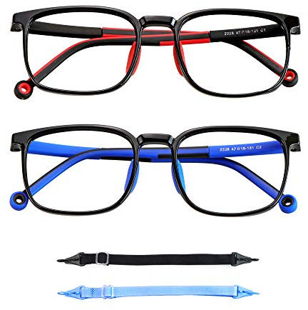 LAMBBAA Lot de 2 paires de lunettes pour enfants avec protection contre la lumière bleue, lunettes d'ordinateur avec corde, antiflou et fatigue oculaire, coupe UV400, antiéblouissement pour enfants