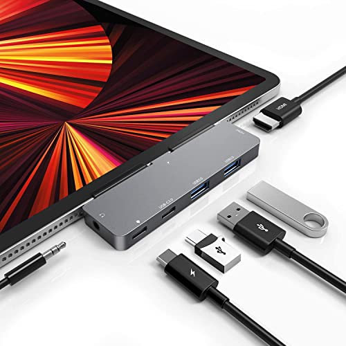 USB C HUB para iPad Pro, Adaptador para iPad Air, Estación de Acoplamiento iPad Pro Hub con 4K HDMI, 3.5mm AUX, 2 Puertos USB3.0, USB C PD Carga&Data, para iPad Mini M4 M2 11 12.9 13 Accesorios