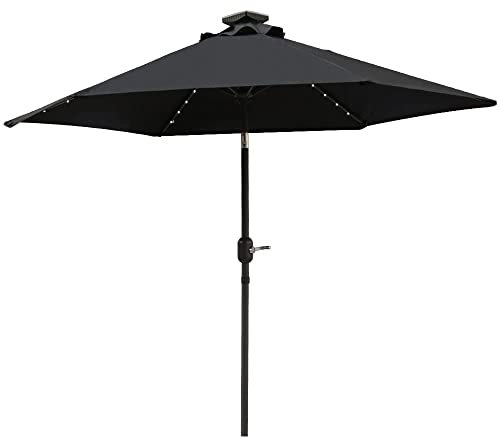 Green Bay 2.5M Garden Parasol with Solar LED Lights and Crank Tilt Mechanism Patio Umbrella Outdoor Sun Shade Canopy UV Protection Black