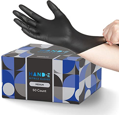 Hand-E Touch Black Nitrile Disposable Gloves Medium, 50 Count - BBQ, Tattoo, Hair Dye, Cooking, Mechanic Gloves - Powder and Latex Free