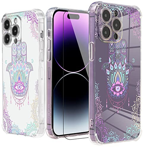 Roemary Regenbogen-Schutzhülle für iPhone 14 mit Displayschutzfolie, für iPhone 14, Böser Blick, Hamsa-Hand-Design, TPU, stoßdämpfend, weiche Schutzhülle für iPhone 14 15,5 cm (6,1 Zoll)