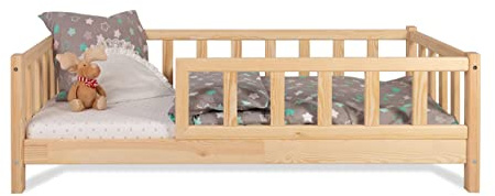 Kinderbett Bett mit Rausfallschutz 140x200cm Latternost Bettgestell aus Kiefer Holz für Haus Kinder Jungen & Mädchen - Holzbett Baby Kinderzimmer Junge Deko