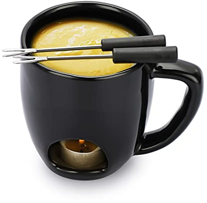 TOLIDA Keramik-Schokofondue-Becher-Set Schwarzer Schokoladenschmelz-Becher mit Doppelter Öffnung Käsefonduetopf aus Porzellan mit 2 Gabeln Mini Hitzebeständigbrenner für Süßigkeiten Butter Käse