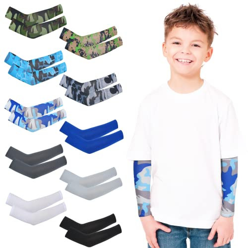 Yahenda 10 paia di manicotti per bambini mimetici per bambini protezione UV maniche raffreddamento antiscivolo manica braccio per ragazzi ragazze, Colori vivaci, taglia unica