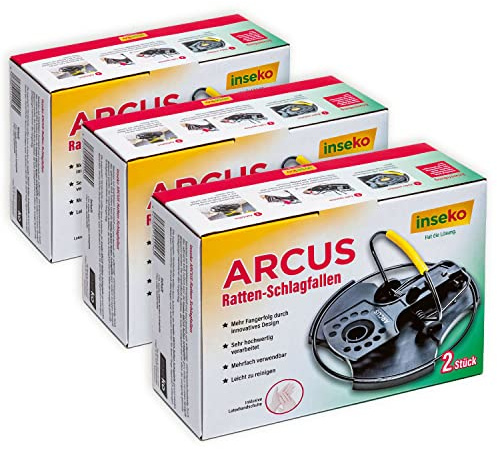 inseko 6X ARCUS Ratten-Schlagfallen – patentiert - breite Fangfläche – Kunststoff/Metall - wiederverwendbar – inkl. Handschuhe
