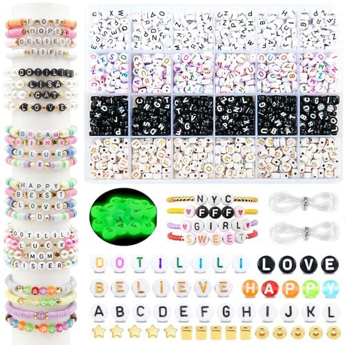 Dotilili 1870 Stück Buchstabenperlen Set mit SORTIERBOX - 6 Stile inkl. UV-Leuchtperlen & Goldene Abstandsperlen - Alphabet Perlen Komplettset für Freundschaftsarmbänder Armbänder Schmuck DIY