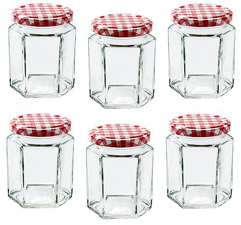 Eidoct 6 Pack 280ml Glass Hexagonal Jam Jar with Red Gingham Lid, Reusable Clear Food Storage Jars for Homemade Kitchen Spices,Food,Jam,Fruit,Salad,Yogurt,Sweets,Honey,Chilli Sauce