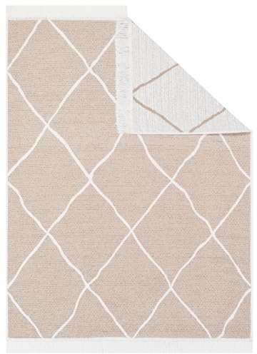TAPISO Azteca Teppich Kurzflor mit Fransen Baumwolle Waschbar Beidseitig Anwendbar Beige Creme Gittermuster Wohnzimmer Schlafzimmer Küche ÖKOTEX 80 x 200 cm