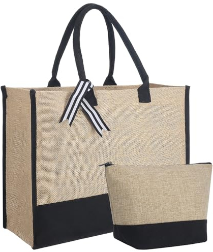 Invalidism Personalized DIY Jute Beach Tote for Women - Large Capacity Reusable Shopping Handbag With Makeup Bag - Present for Wedding, Birthday, Holiday