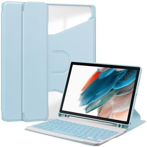 Keyboard Case for Samsung Galaxy Tab A8 10.5 inch 2022 (Model SM-X200/X205/X207) S Pen Holder |Detachable Wireless Keyboard Cover| Shockproof 360 Degree Swiveling Stand Clear Case - Baby Blue