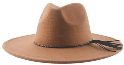 SOYNIA Fedora Trilby Filzhut Hut Fedora-Hüte Für Damen Herrenhut Herrenhüte Fransen Solides Panama Große Krempe 9,5 cm Klassisch Formell 56–58 cm Khaki