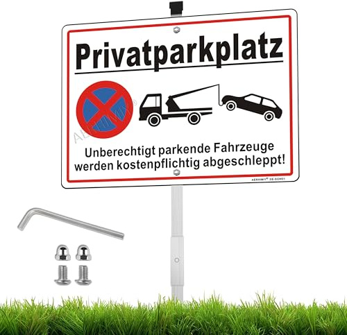 XL Schild Privatparkplatz Aluminium Reflektierend 25×35cm mit 70cm Metallhalterung und Zubehör, UV-beständig, Wasserfest, Rostfrei, mit Bohrlöcher, Weiß