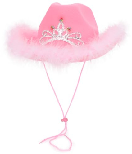 Toyland® Chapeau de cowboy rose 38 cm (15) avec lumières LED clignotantes et bordure en plumes - Festivals, concerts, déguisements et accessoires pour enterrement de vie de jeune fille