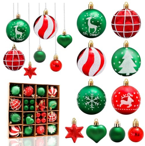 Aitsite 38 Stück Christbaumkugeln Rot Grün, 6CM/3CM Weihnachtskugeln Kunststoff mit Aufhängen Bruchsicher Ornamente Weihnachtsbaum Kugeln Weihnachtsbaumschmuck für Weihnachtsdeko Innen Aussen