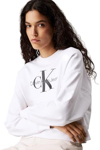 Calvin Klein Donna Felpa Monologo French Terry con Scollo Rotondo, Bianco (Brilliant White), L