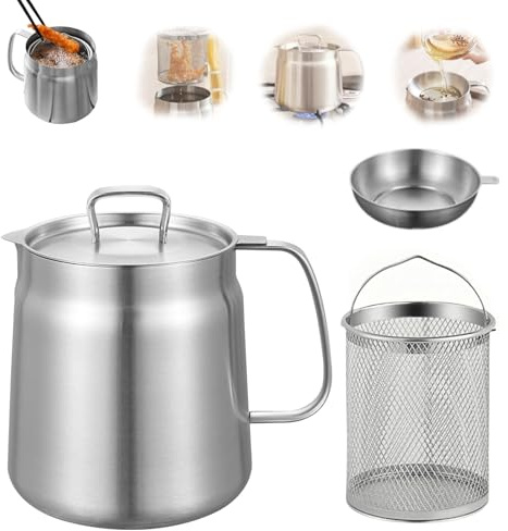 Bechoanigel Frittiertopf, 2L Frittiertopf mit Sieb 304 Edelstahl, Multifunktional Fritt Fix Zur Aufbewahrung von Frittieröl und Speisefett