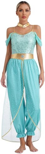 LiiYii Damen Arabische Prinzessin Kostüm Bauchtanz Kostüm Indische Verkleidung Karneval Fasching Tanzkleid Pailletten Jumpsuit Türkis XL