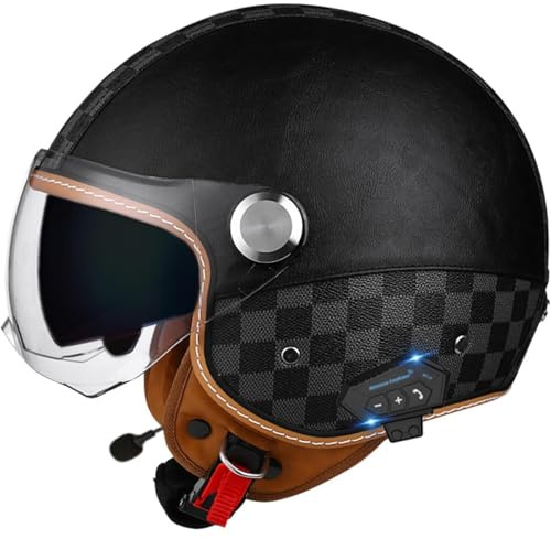 BYFHHHH Bluetooth Jethelm 3/4 Helm, ECE Zertifizierung Motorrad Integrierter Bluetooth Helm Jet Scooter Helm Jethelm Herren Damen Mit Doppelspiegel F,L=59~60CM