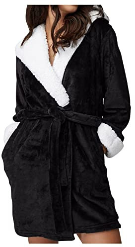 Damen-Bademantel mit Sherpa-Futter, Fleece, mit Kapuze, Plüsch-Flanell, kurzer Bademantel mit Gürtel, weich, warm, Winter, Loungewear, gemütliche Luxus-Nachtwäsche, langärmelig, Frottee-Bademantel für