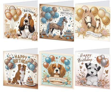SHEGZHUC Set of 6 Diamond Painting Greeting Cards Set Dogs Horses Diamond Painting Cards Birthday Card Thank You Card Blessing Card Holiday Cards Embroidery Cross Stitch Diamond Painting Gift
