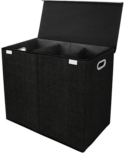 Zonovi Wäschekorb – 3 Fächer mit Deckel – Faltbar – Wäschekorb – Doppelwäschekorb – Wäschekorb – Wäschebox – Organizer Kleidung - Stoff – Schwarz – 110 Liter
