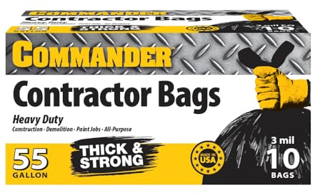Commander Bolsas de contratista resistentes de 55 galones de 3 milésimas de pulgada de pulgada con bridas de solapa, 36 x 52 pulgadas, paquete de 10 unidades, para contratistas, industriales y