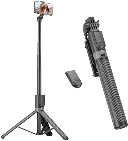 RISEOFLE 180cm Trepied Smartphone & Perche a Selfie, Trepied Telephone Portable Rétractable en Aluminium avec Télécommande sans Fil pour iPhone/Samsung/Android/Caméra