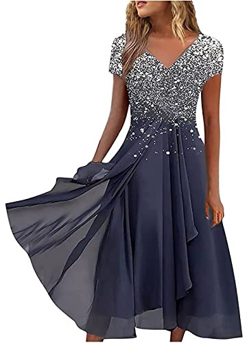 Plus Size Dress for Women Lace Chiffon Sundress V Neck Short Sleeve High Waist Prom Cloth Elegant Swing Knee Length Midi Dresses Evening Party Special Occasions Going Out Streetwear